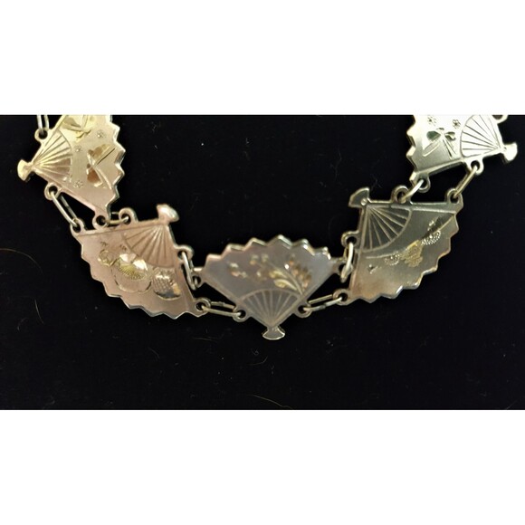 Japanese Amita Damascene Fans marked SILVER necklace, bracelet & earrings set - Picture 7 of 7